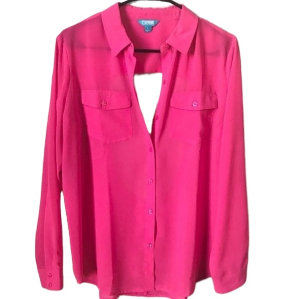 L”amour size large pink open back,long sleeve ,button front ,silk like fabric
